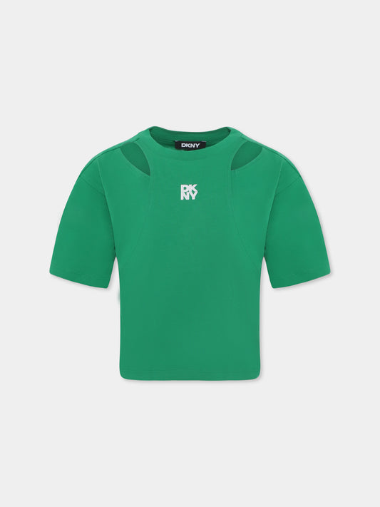 T-shirt verde per bambina con logo,Dkny,D62316 709