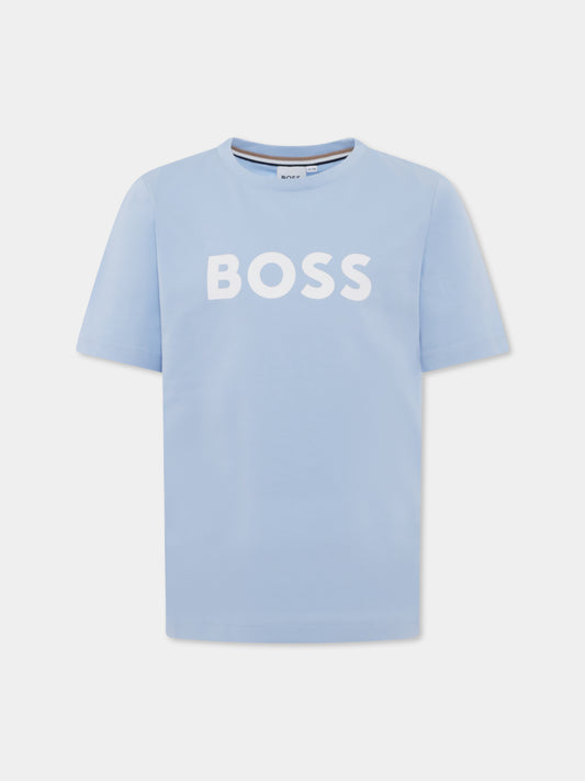 T-shirt celeste per bambino con logo,Boss,J50718 783