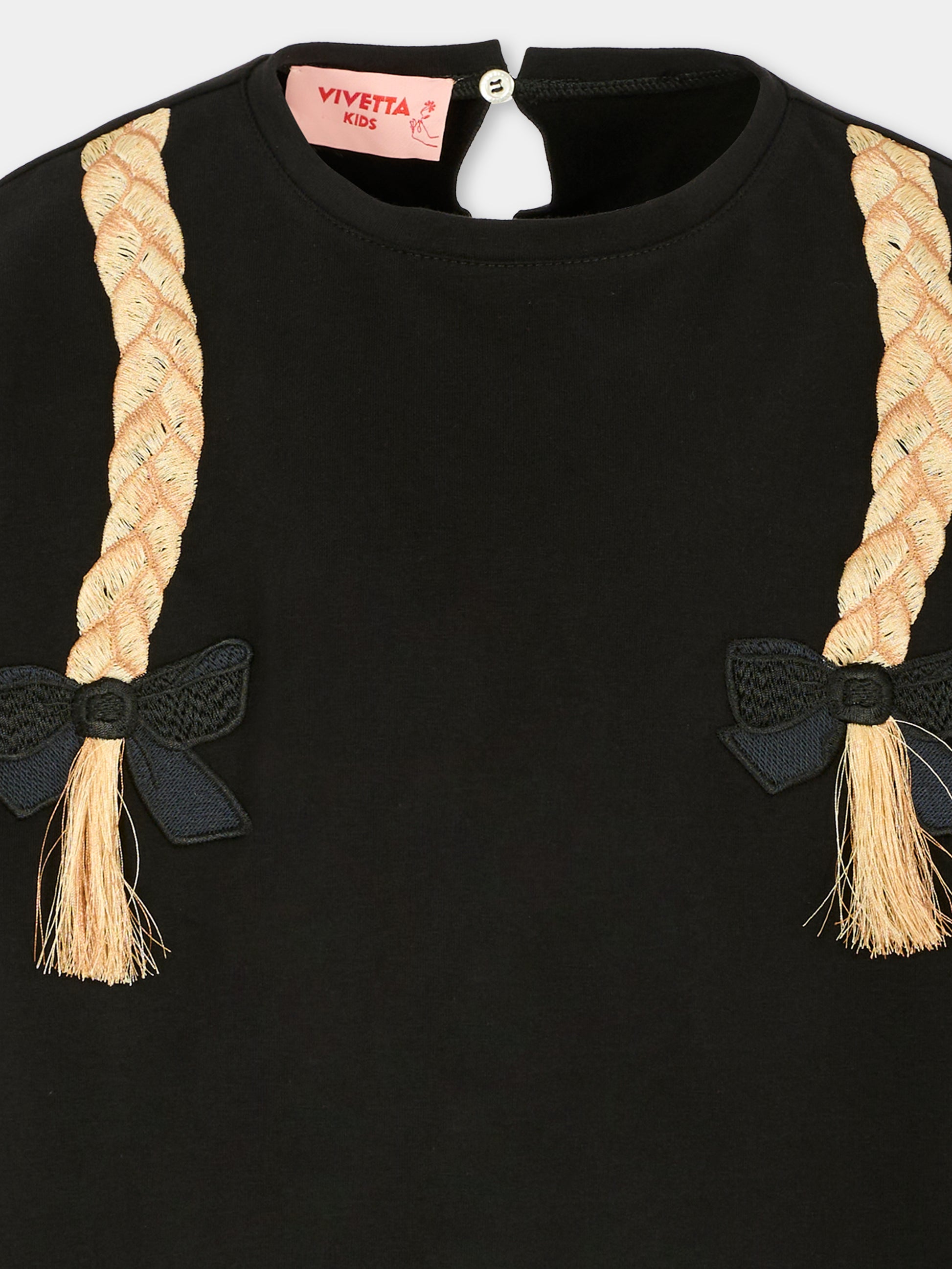 Felpa nera per bambina con trecce,Vivetta Kids,VI2565N