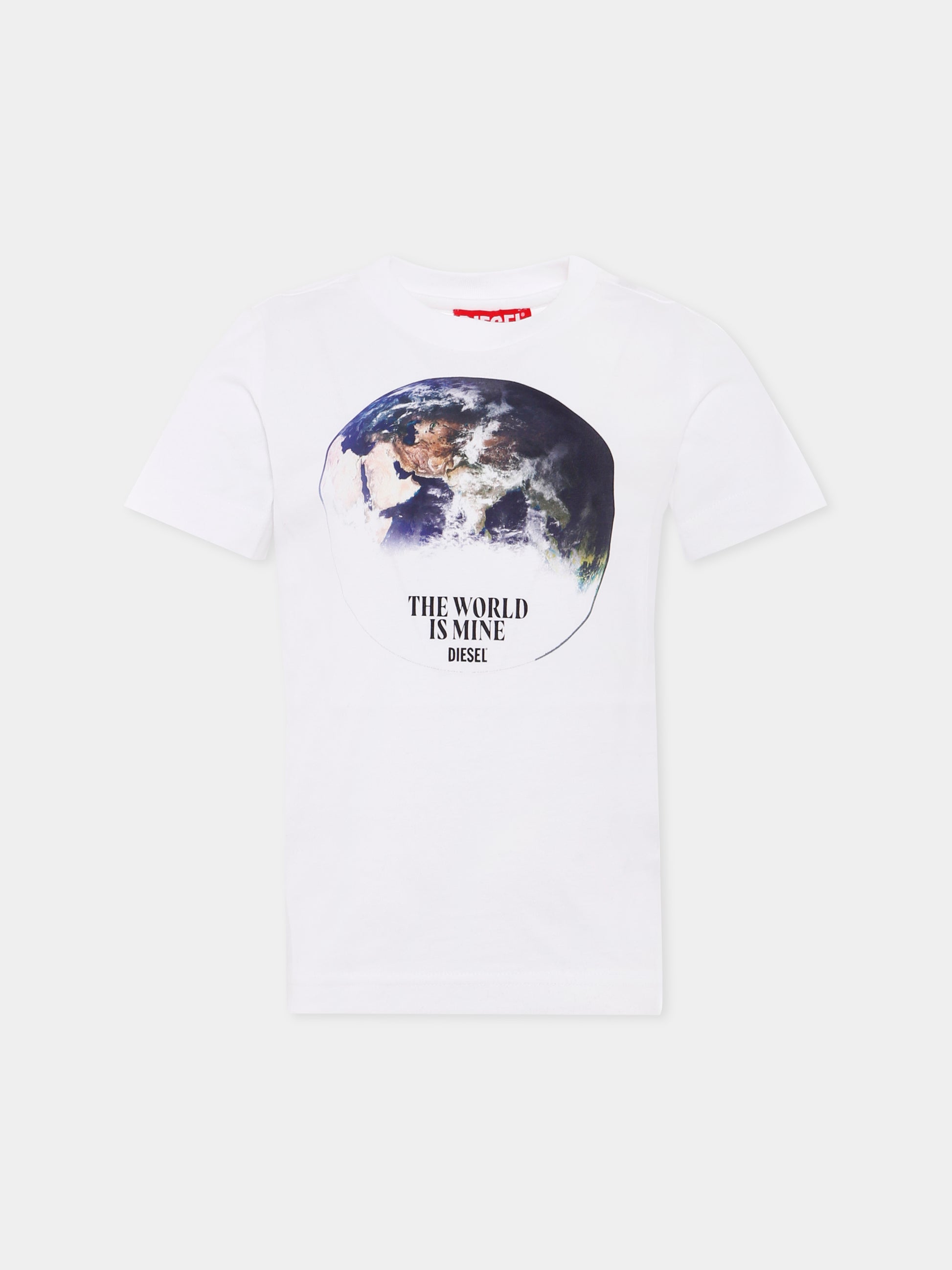 T-shirt bianca per bambino con stampa mondo e logo,Diesel,J02000 0CATM K100