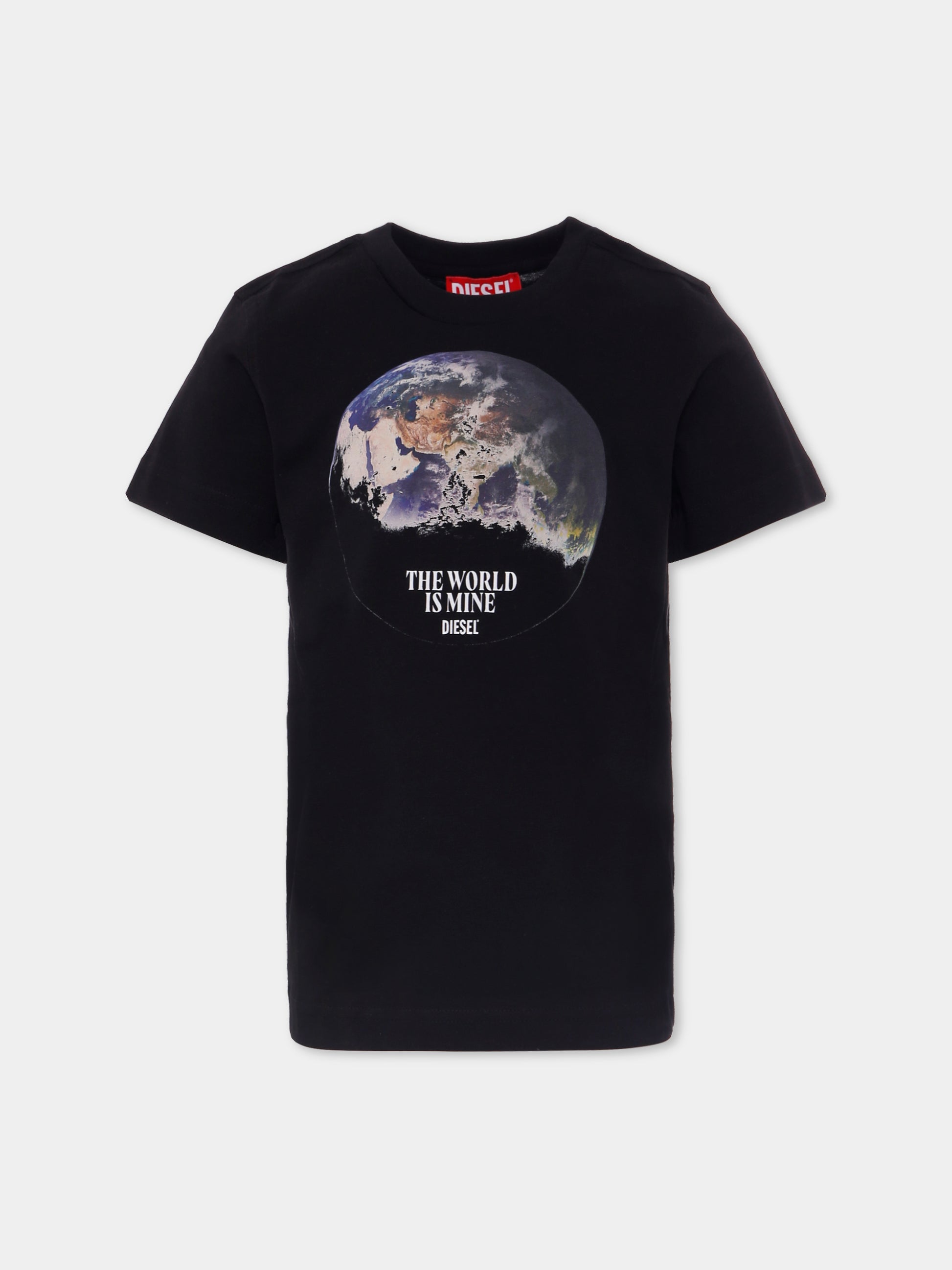 T-shirt nera per bambino con stampa mondo e logo,Diesel,J02000 0CATM K900