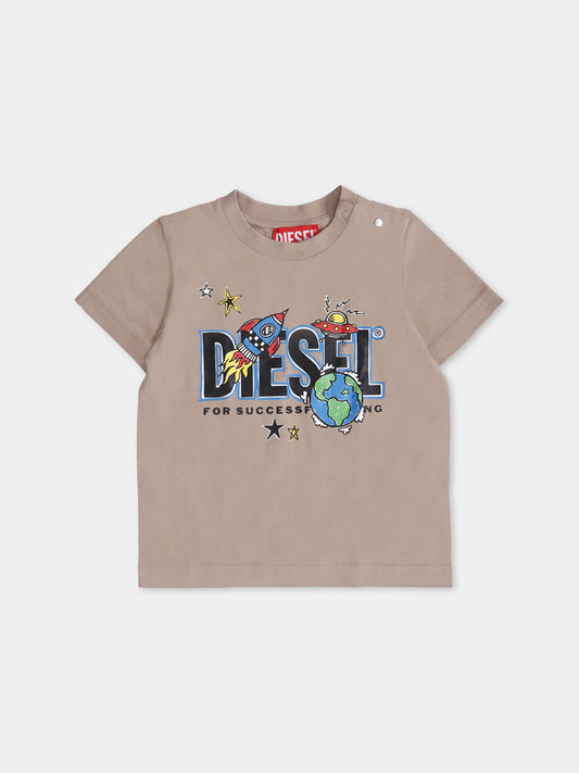 T-shirt beige per neonato con stampa spazio e logo,Diesel,K00575 KYAYS K758