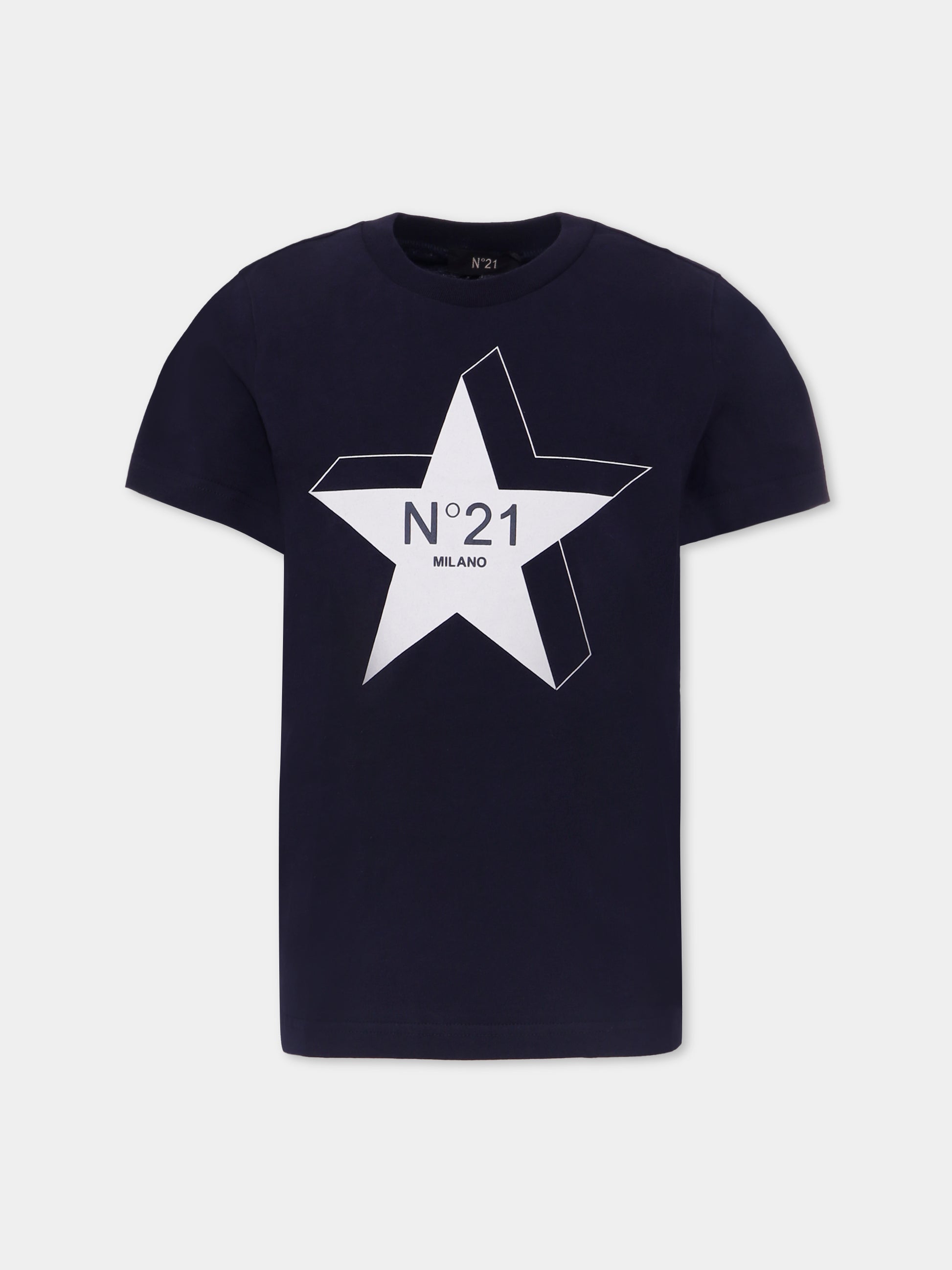 T-shirt blu per bambino con stella e logo,N°21 Kids,N21952 N0199 0N821