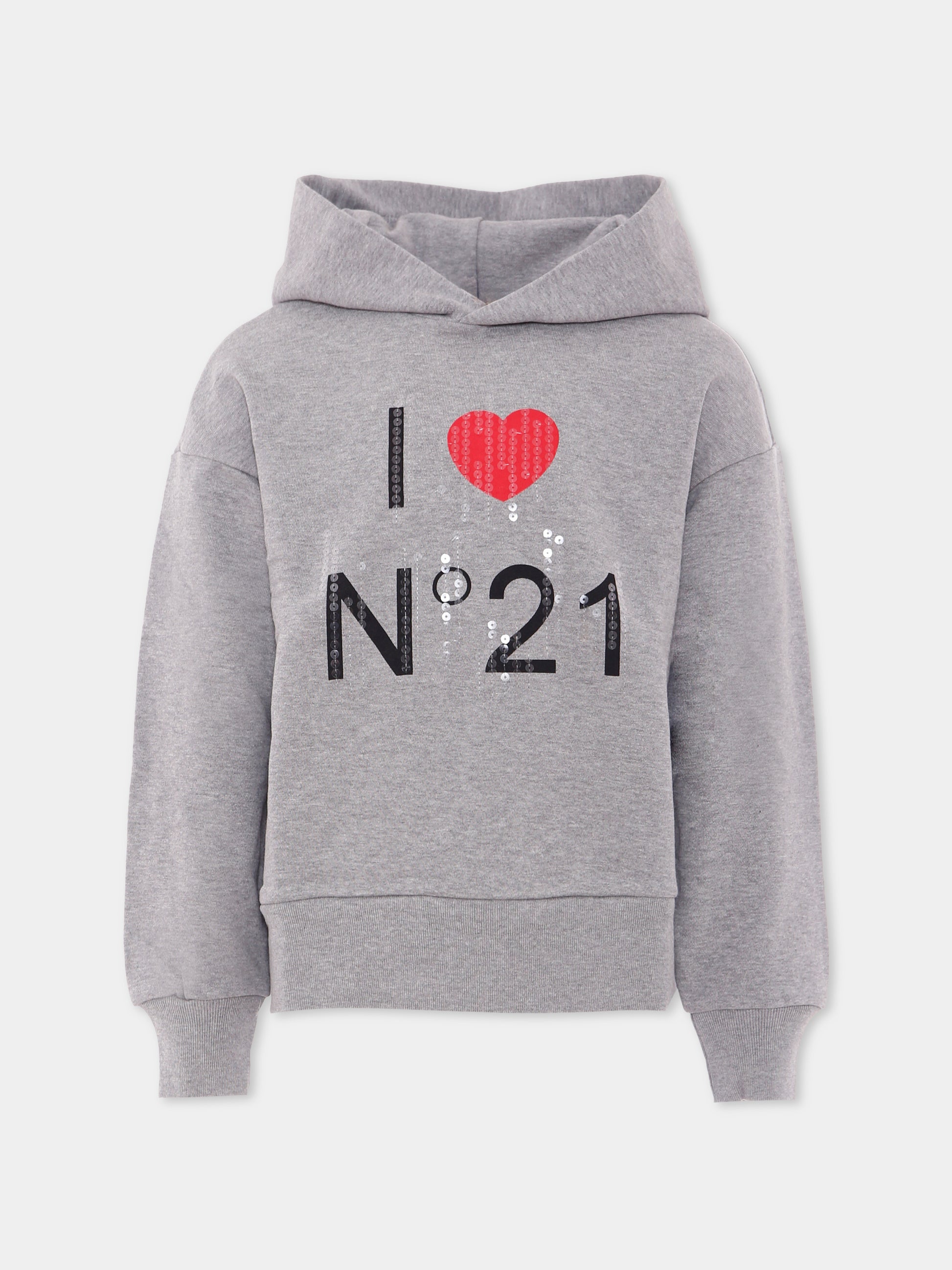 Felpa grigia per bambina con logo e cuore,N°21 Kids,N21A24 N0380 0N923