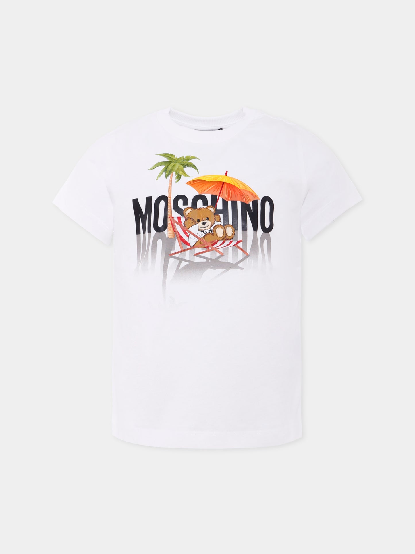 T-shirt bianca per bambini con Teddy Bear e stampa spiaggia,Moschino Kids,H7M04K LAA01 10101