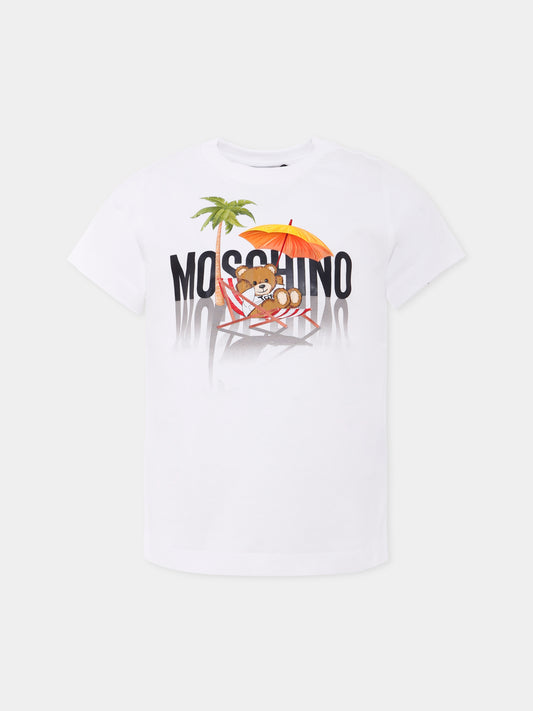 T-shirt bianca per bambini con Teddy Bear e stampa spiaggia,Moschino Kids,H7M04K LAA01 10101