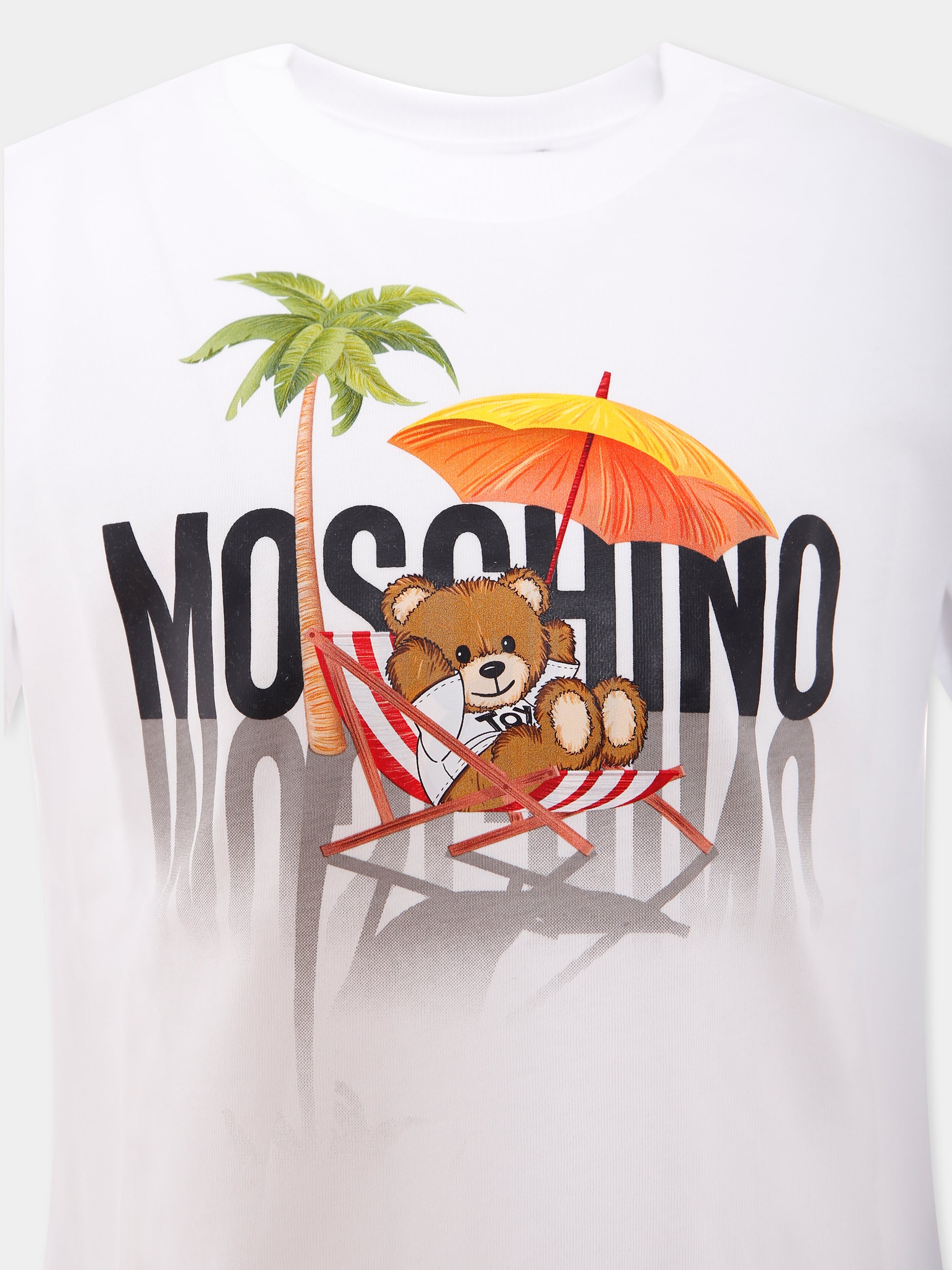 T-shirt bianca per bambini con Teddy Bear e stampa spiaggia,Moschino Kids,H7M04K LAA01 10101