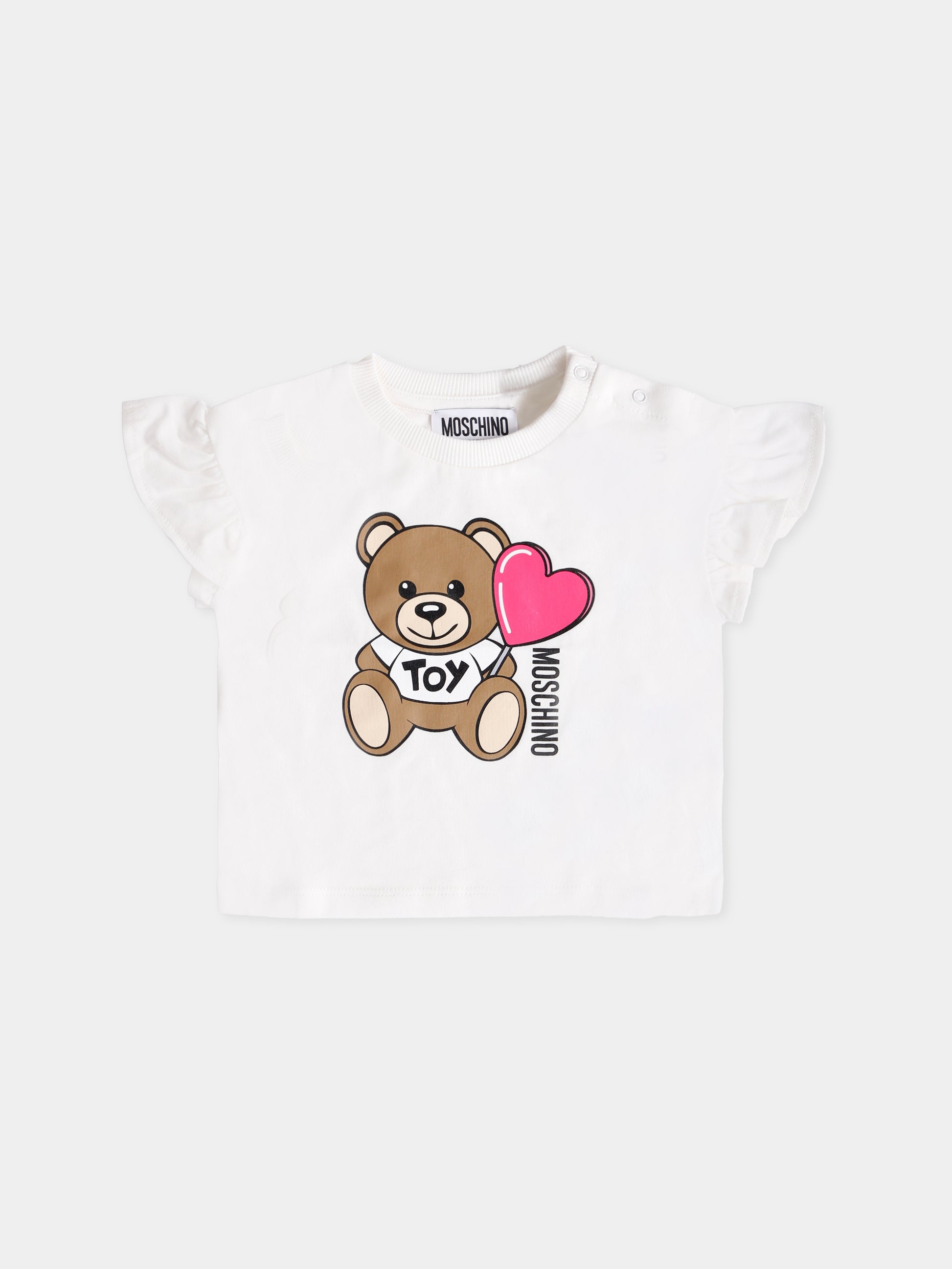 T-shirt avorio per neonata con Teddy Bear e cuore,Moschino Kids,MDM03J LBA00 10063