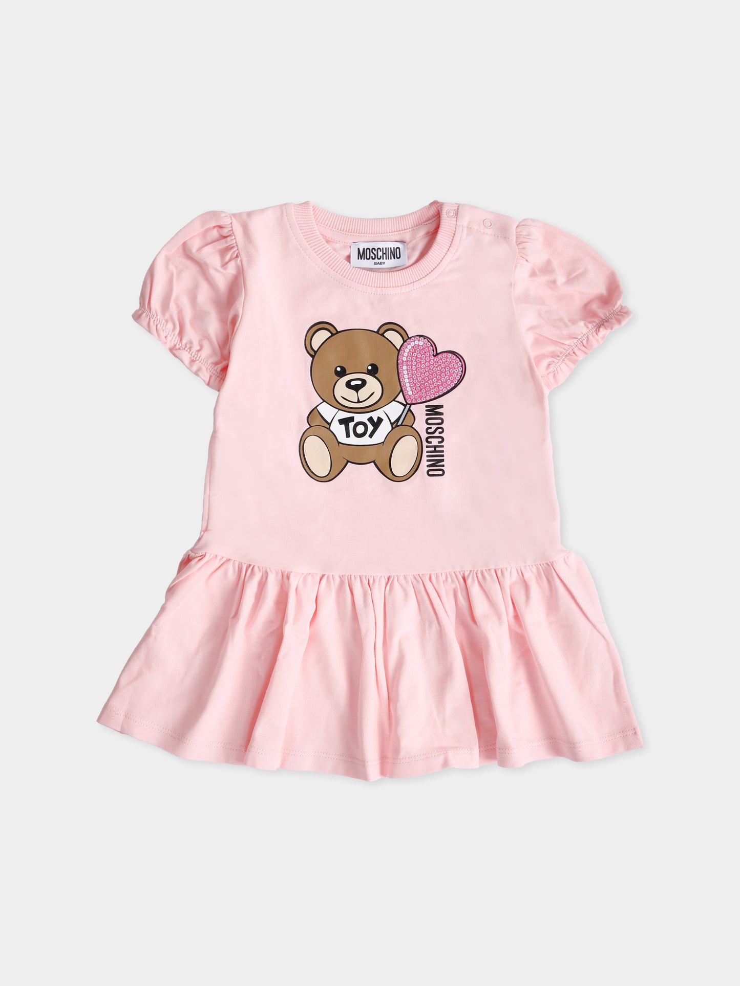 Vestito rosa per neonata con Teddy Bear e cuore,Moschino Kids,MDV0C7 LBA00 50209