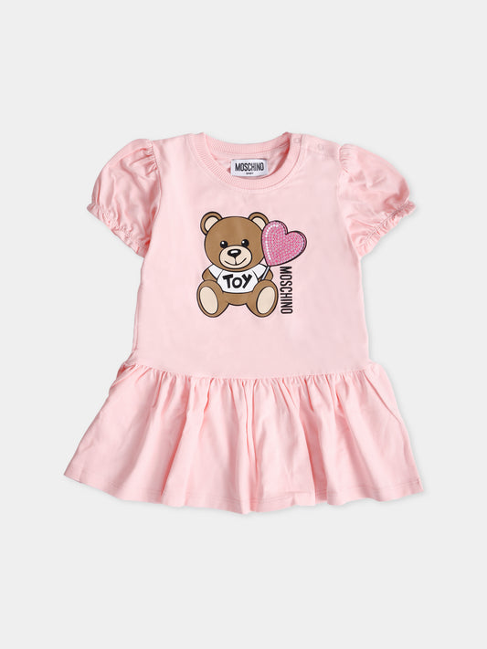 Vestito rosa per neonata con Teddy Bear e cuore,Moschino Kids,MDV0C7 LBA00 50209