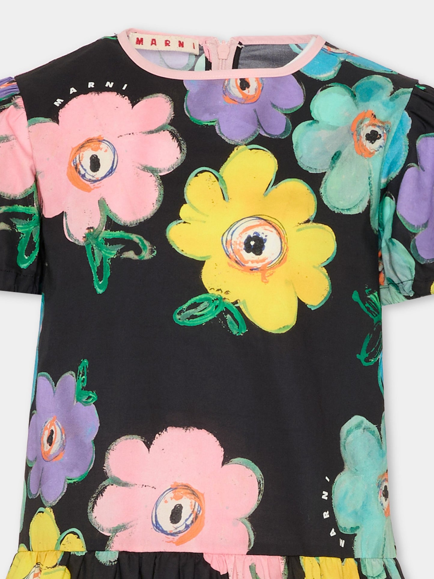 Vestito nero per bambina con stampa fiori,Marni Kids,M01668 M00WC 0M900