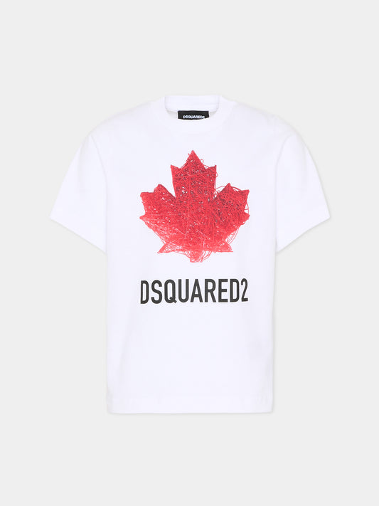 T-shirt bianca per bambino con logo e foglia d'acero,Dsquared2,DQ3176 D00XM DQ100