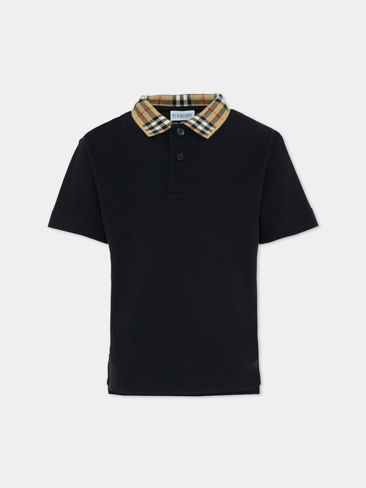 Polo nera per bambino con check vintage,Burberry Kids,8105570 A1189