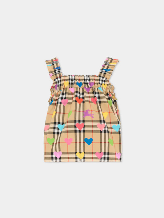 Top beige per bambina con cuori,Burberry Kids,8117457 A8972