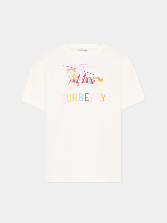 T-Shirt bianca per bambina con cavaliere equestre,Burberry Kids,8117585 A2014