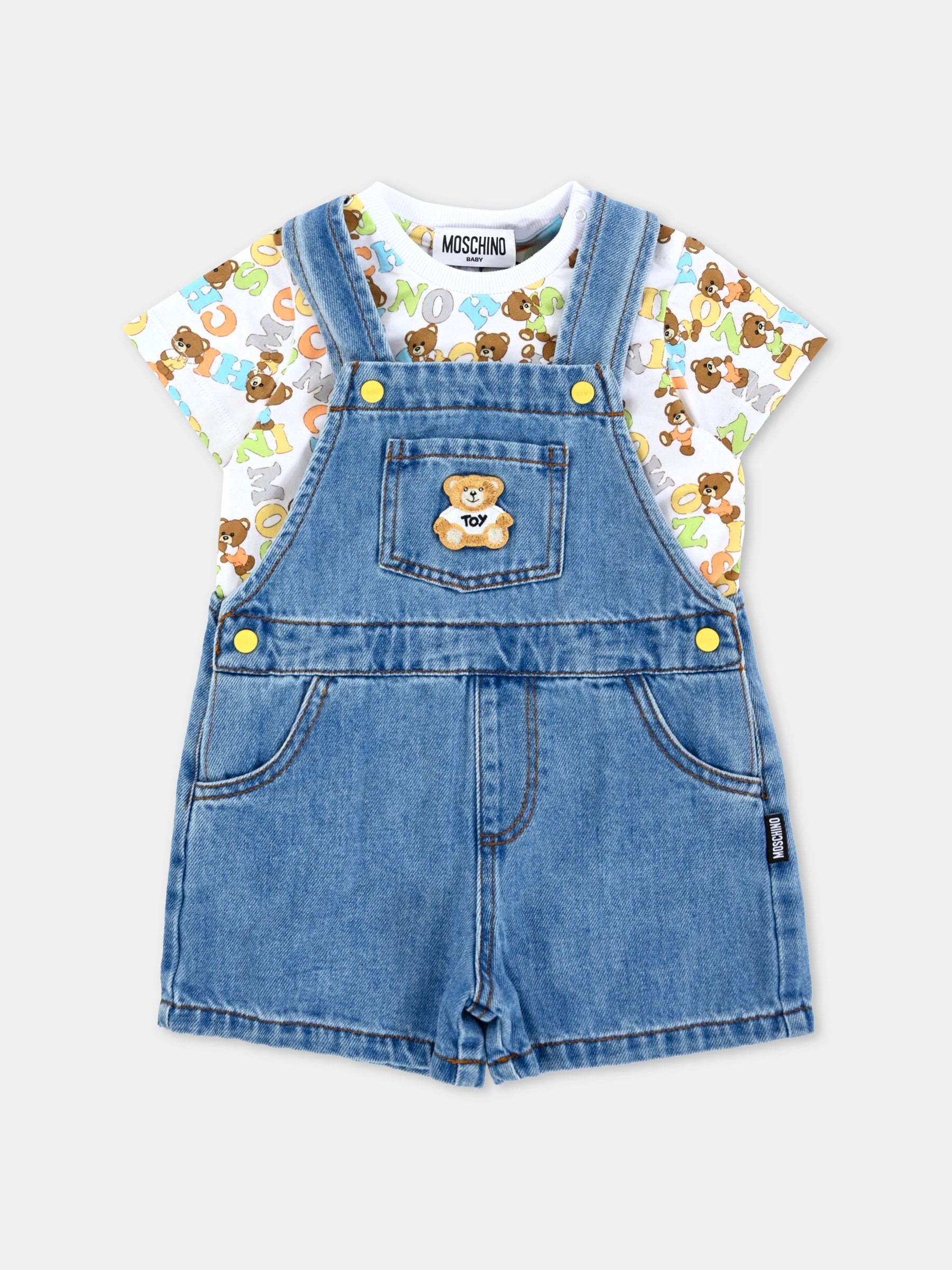 Salopette denim per neonato con Teddy Bear all over,Moschino Kids,MUG01B L0E34 41041