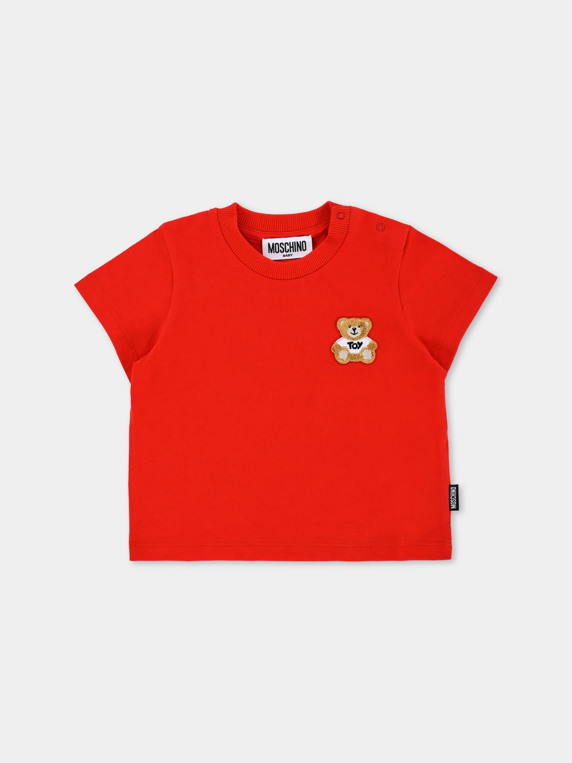 T-shirt rossa per neonati con patch Teddy Bear,Moschino Kids,MUM045 LAA24 50109