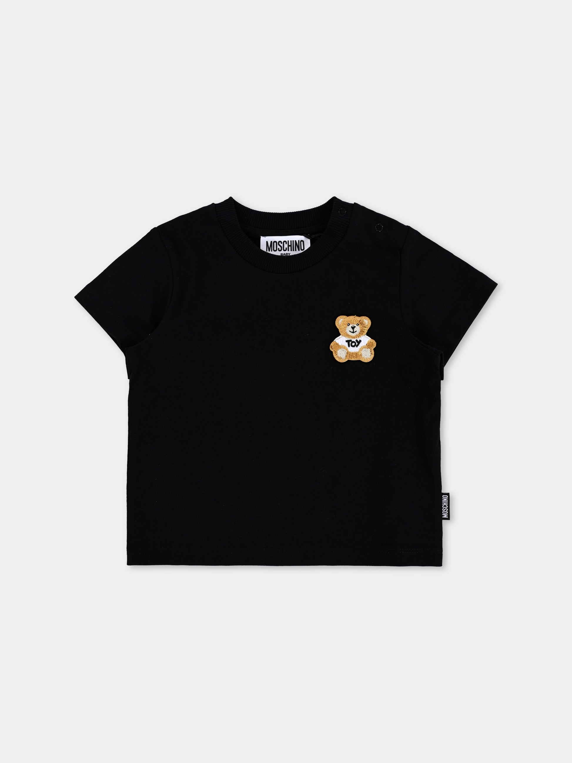 T-shirt nera per neonati con patch Teddy Bear,Moschino Kids,MUM045 LAA24 60100
