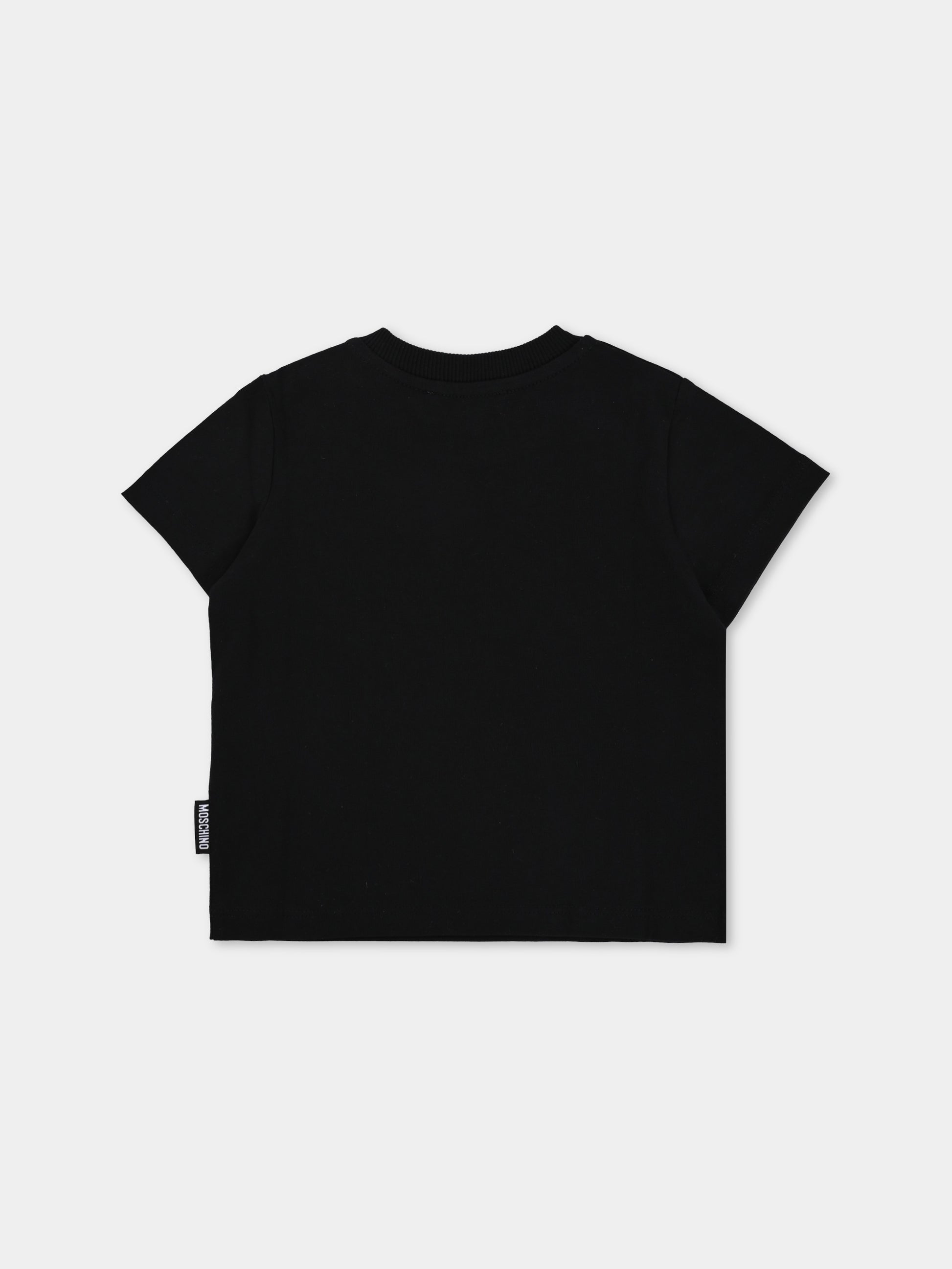 T-shirt nera per neonati con patch Teddy Bear,Moschino Kids,MUM045 LAA24 60100