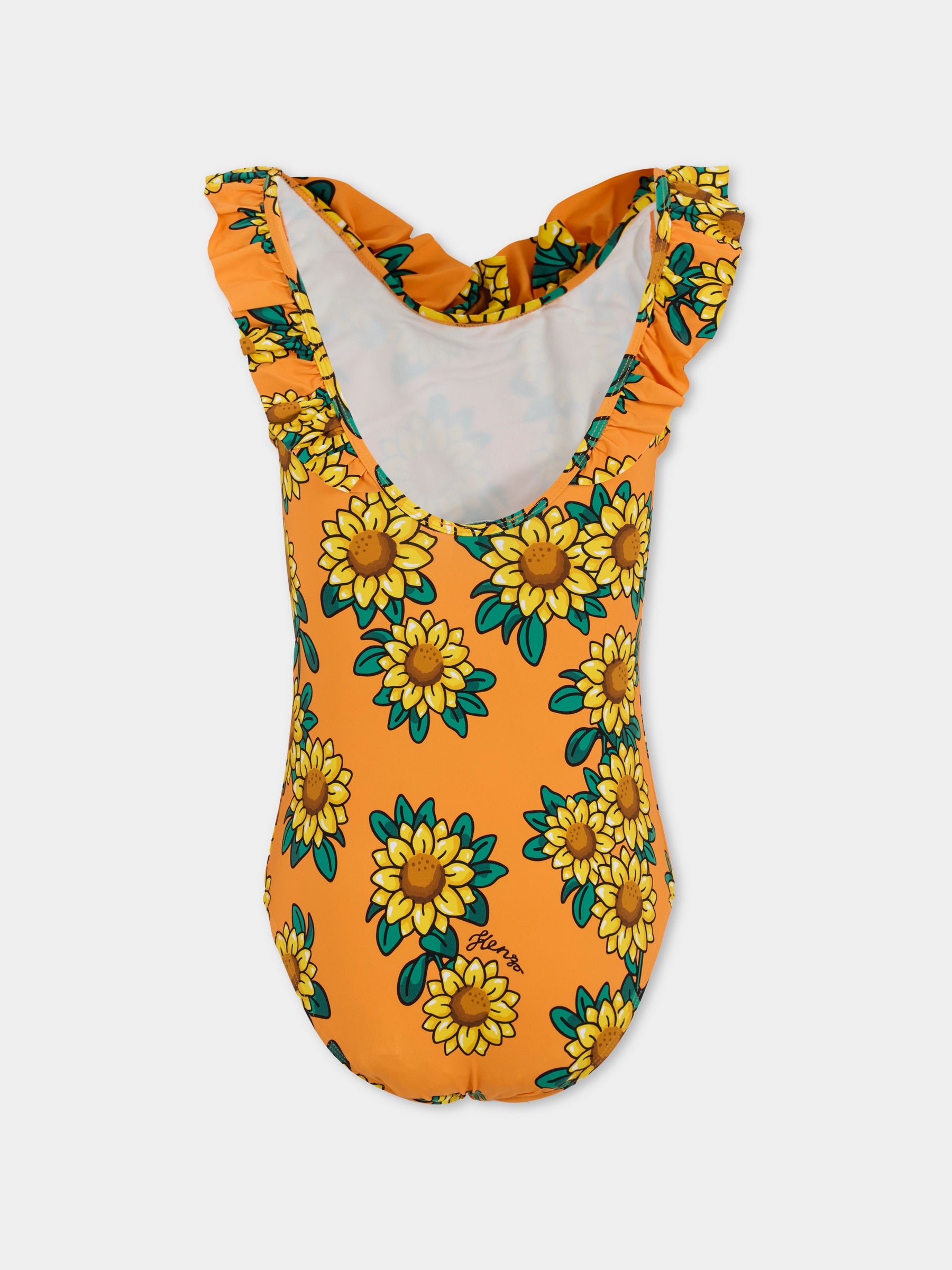 Costume intero arancione per bambina con stampa girasole,Kenzo Kids,K60983 423