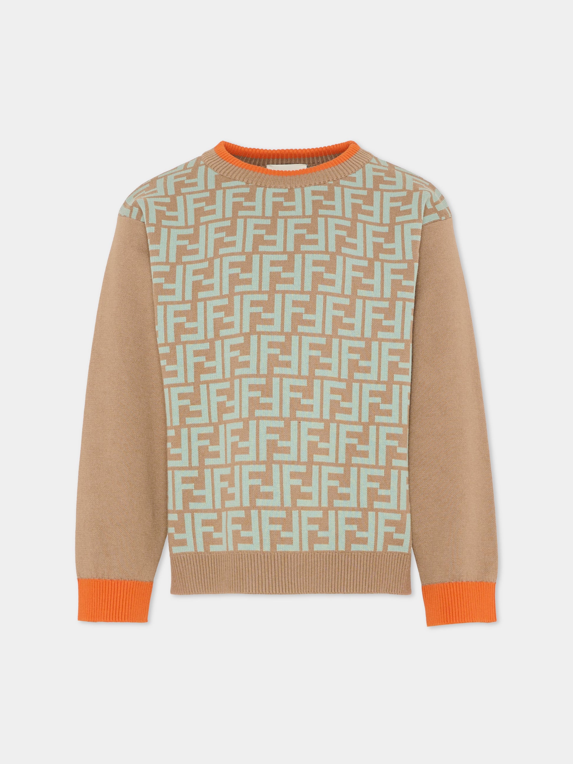 Maglione marrone per bambini con FF,Fendi Kids,JUG204 AVVT F1UVJ