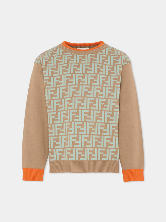 Maglione marrone per bambini con FF,Fendi Kids,JUG204 AVVT F1UVJ