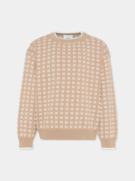 Maglione beige per bambini con FF,Fendi Kids,JUG205 AYMY F1UCS