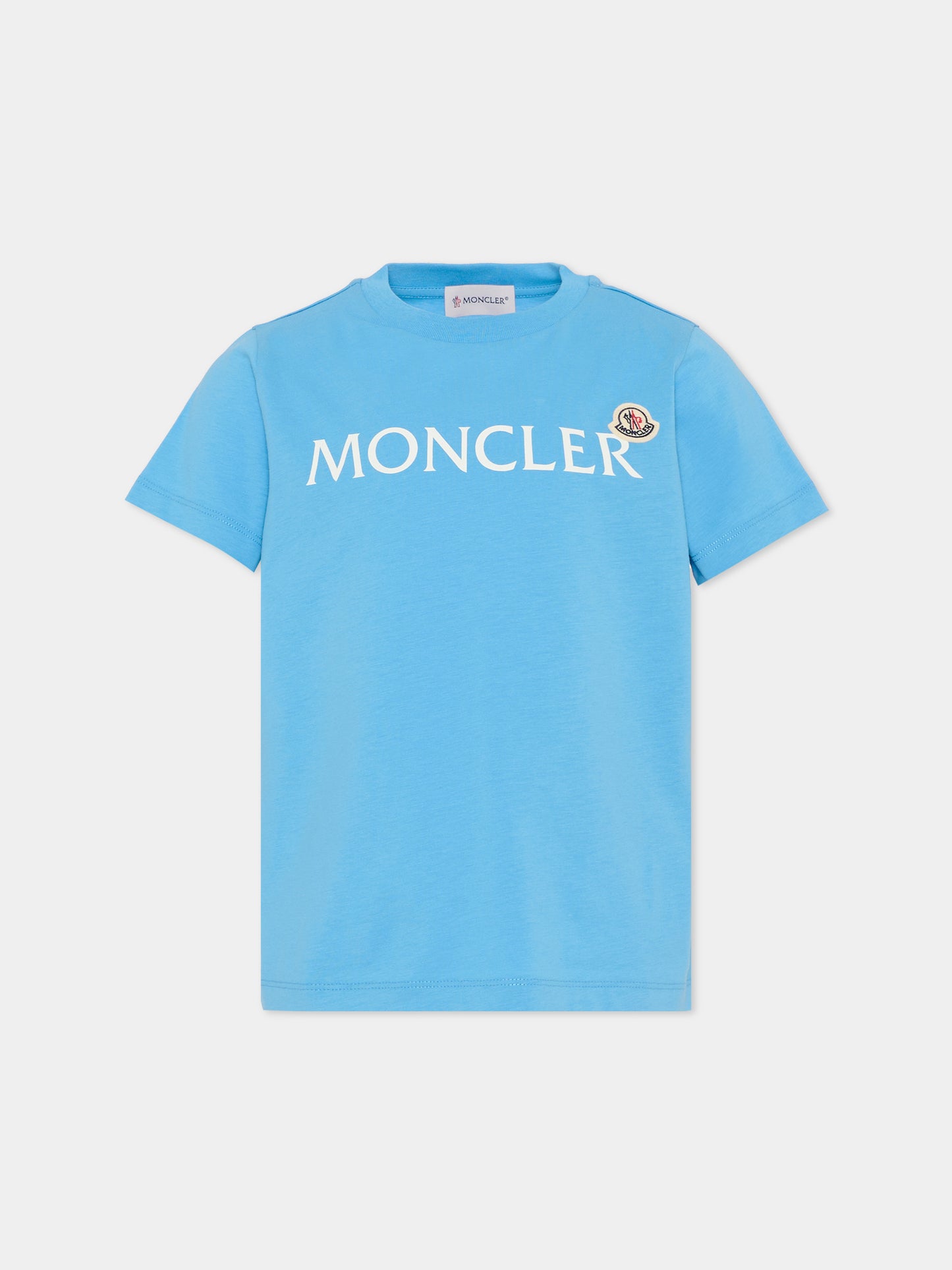 T-shirt azzurra per bambino con logo,Moncler Kids,L1954 8C00010 89AFV 70G