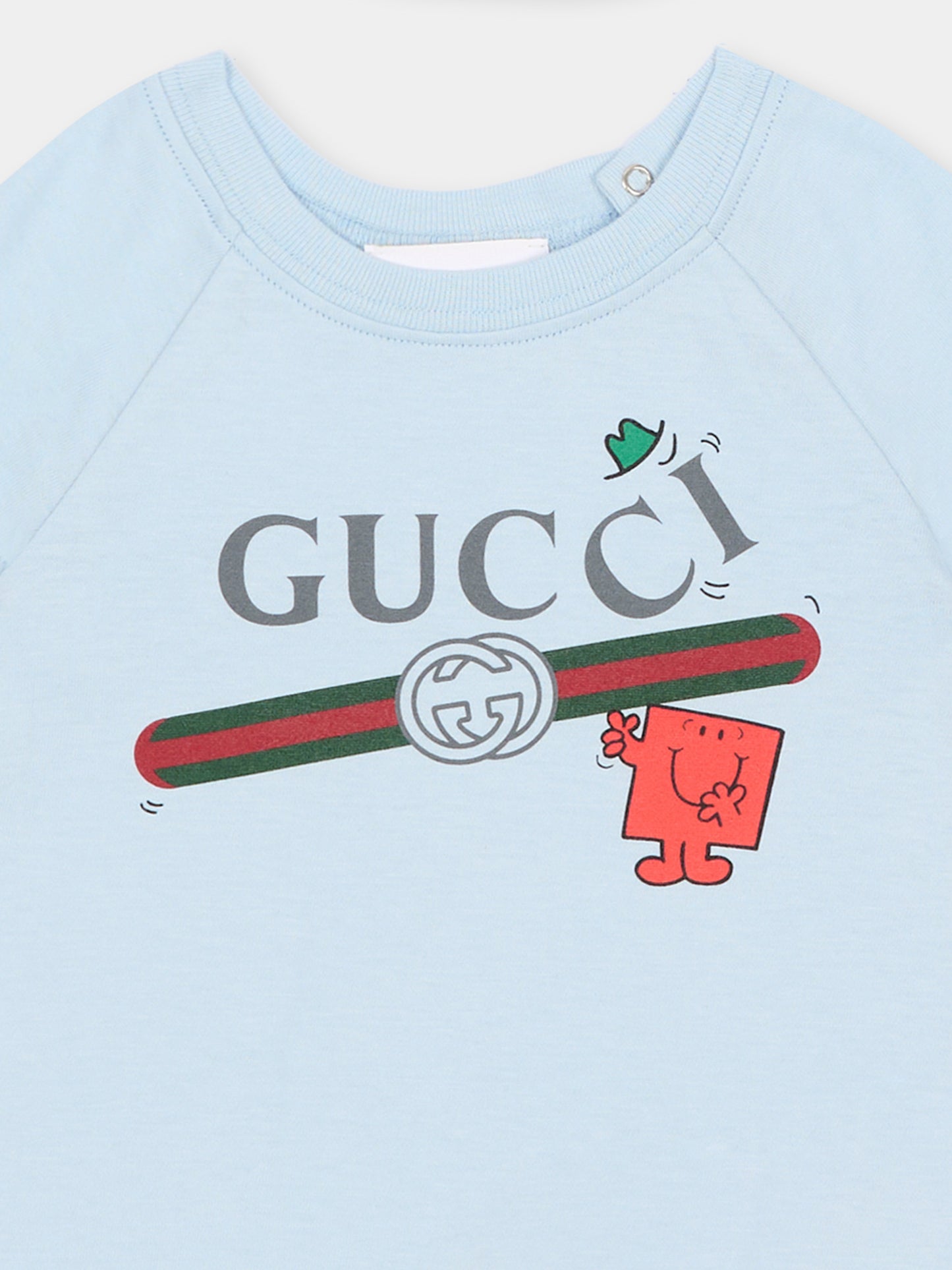 Set pagliaccetti azzurro per neonato con logo e Mr Strong,Gucci Kids,855839 XJHPW 4454