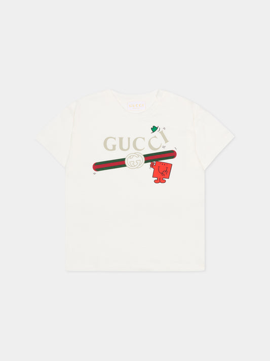 T-shirt bianca per neonati con logo e Mr Strong,Gucci Kids,837171 XJHPW 9214