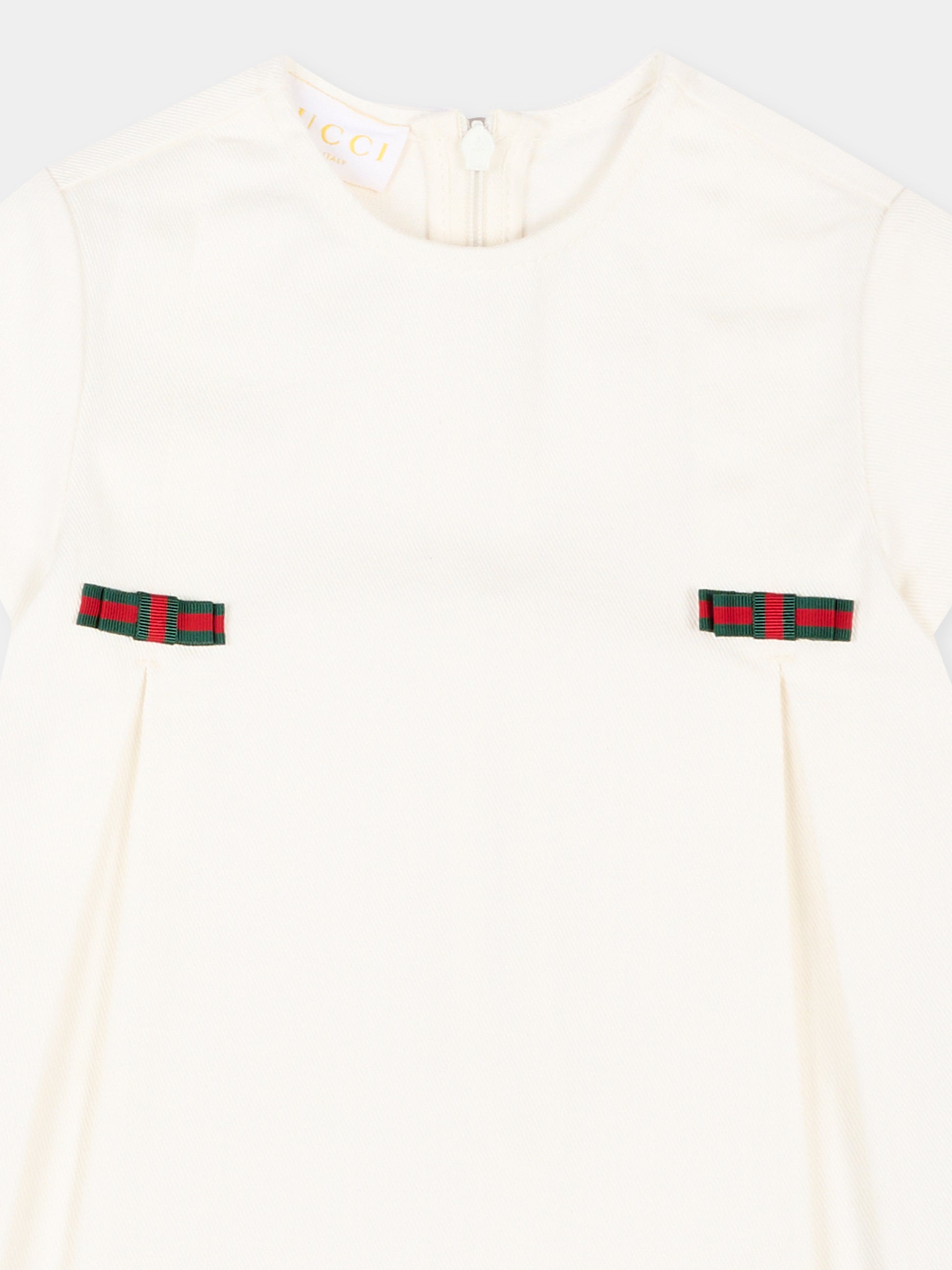 Abito bianco per neonata con nastro Web,Gucci Kids,840353 XDDFB 9692