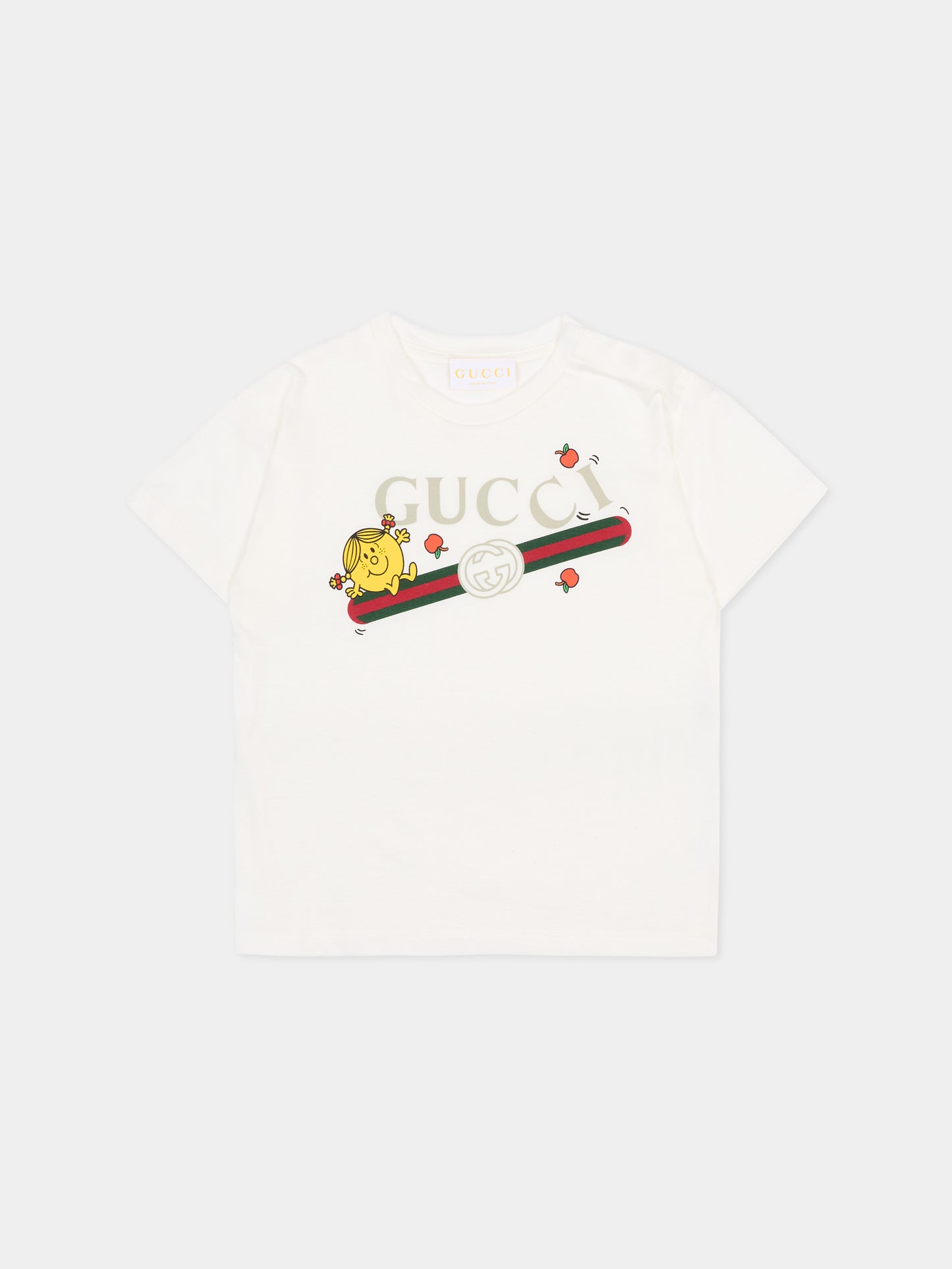 T-shirt bianca per neonata con logo e Mr Happy,Gucci Kids,851411 XJHRN 9214