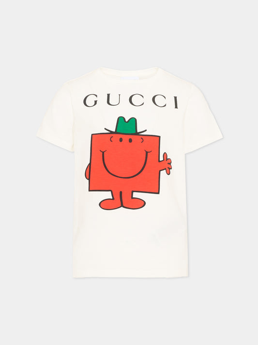 T-shirt bianca per bambini con Mr. Strong,Gucci Kids,547559 XJHPU 9214