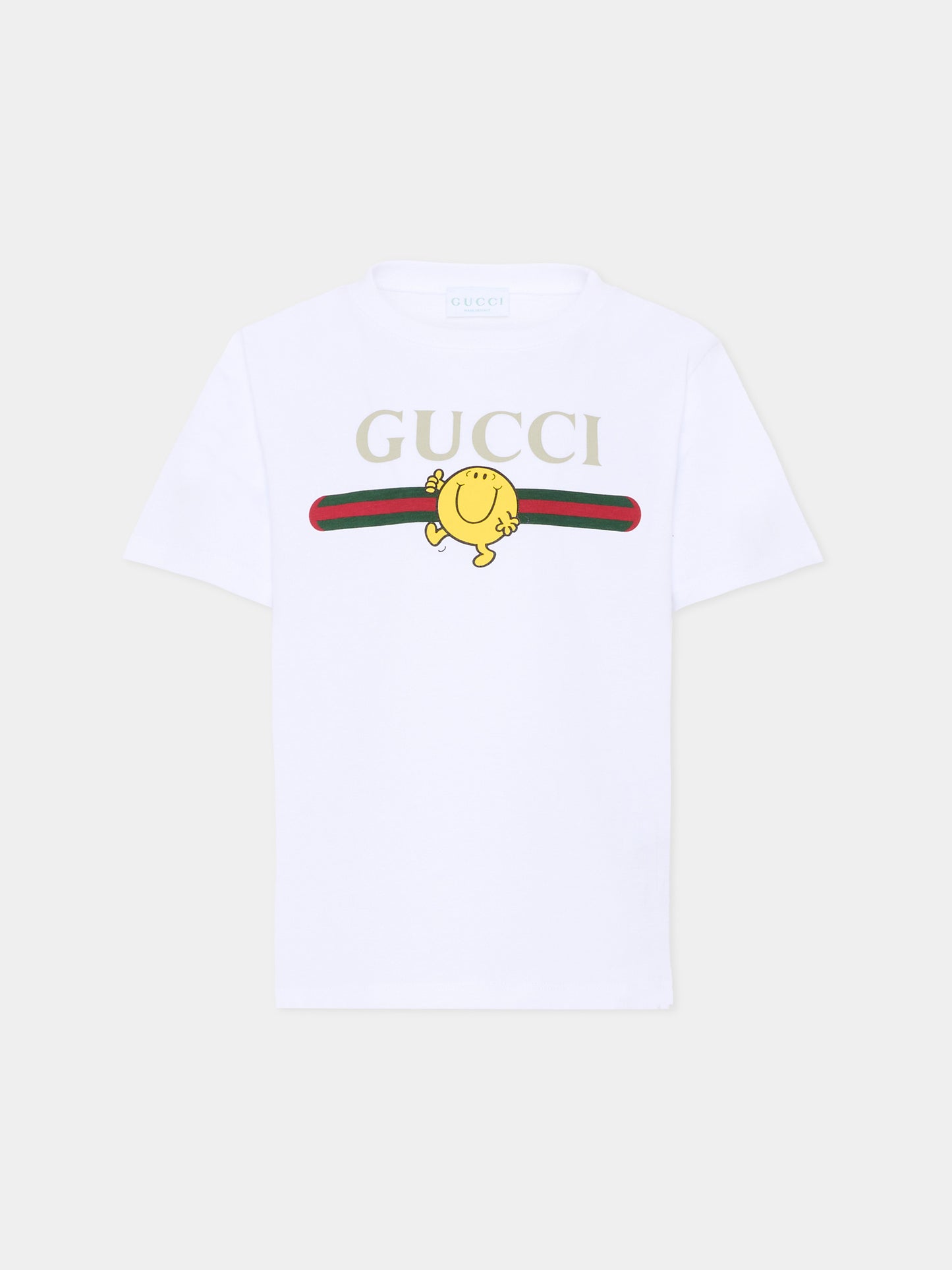 T-shirt bianca per bambini con logo e Mr Happy,Gucci Kids,575114 XJHPS 9320
