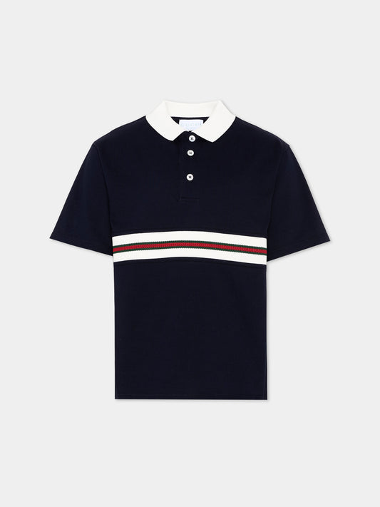 Polo blu per bambino con righe Web,Gucci Kids,849659 XJHNR 4780