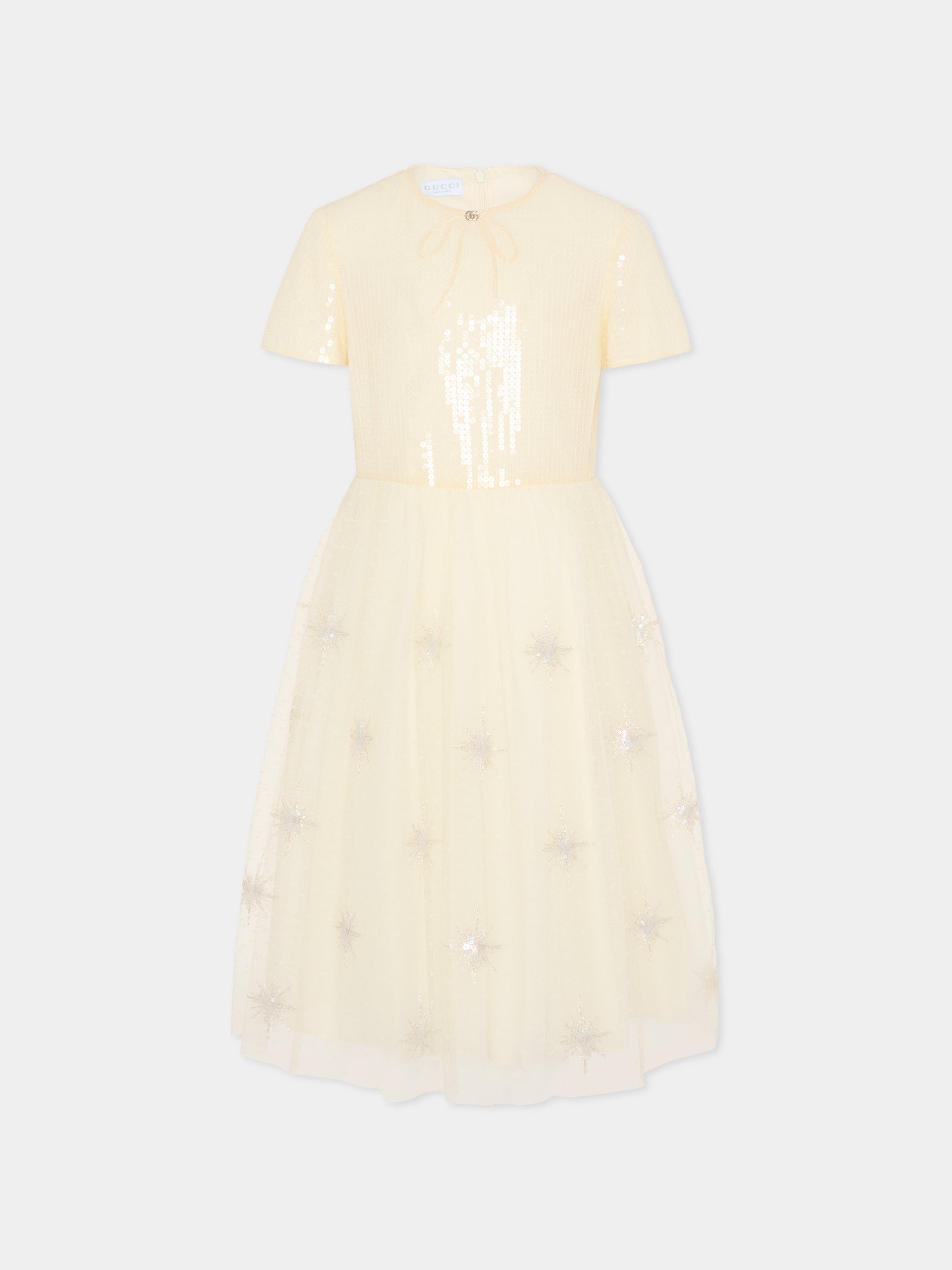 Vestito avorio per bambina con GG e paillettes,Gucci Kids,853957 ZADA7 9210