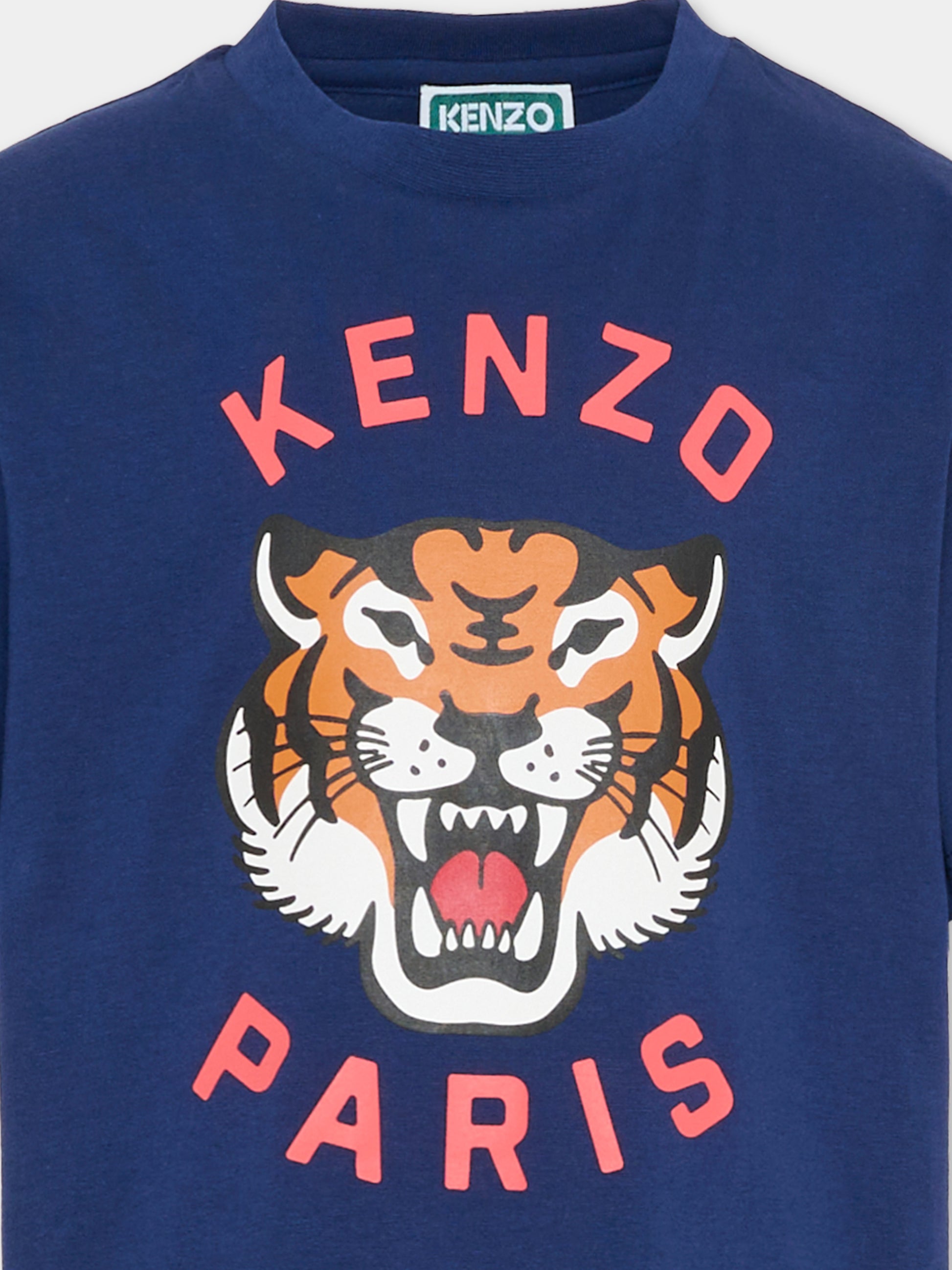 T-shirt blu per bambini con Lucky Tiger,Kenzo Kids,K61676 84N
