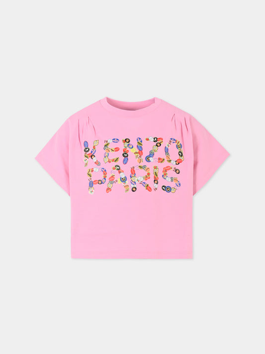 T-shirt crop rosa per bambina con logo,Kenzo Kids,K61065 465