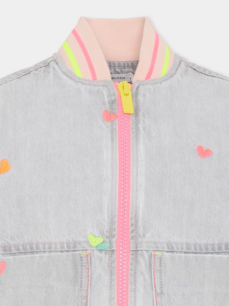 Giubbotto di jeans grigio per bambina con cuori,Billieblush,U21909 Z20