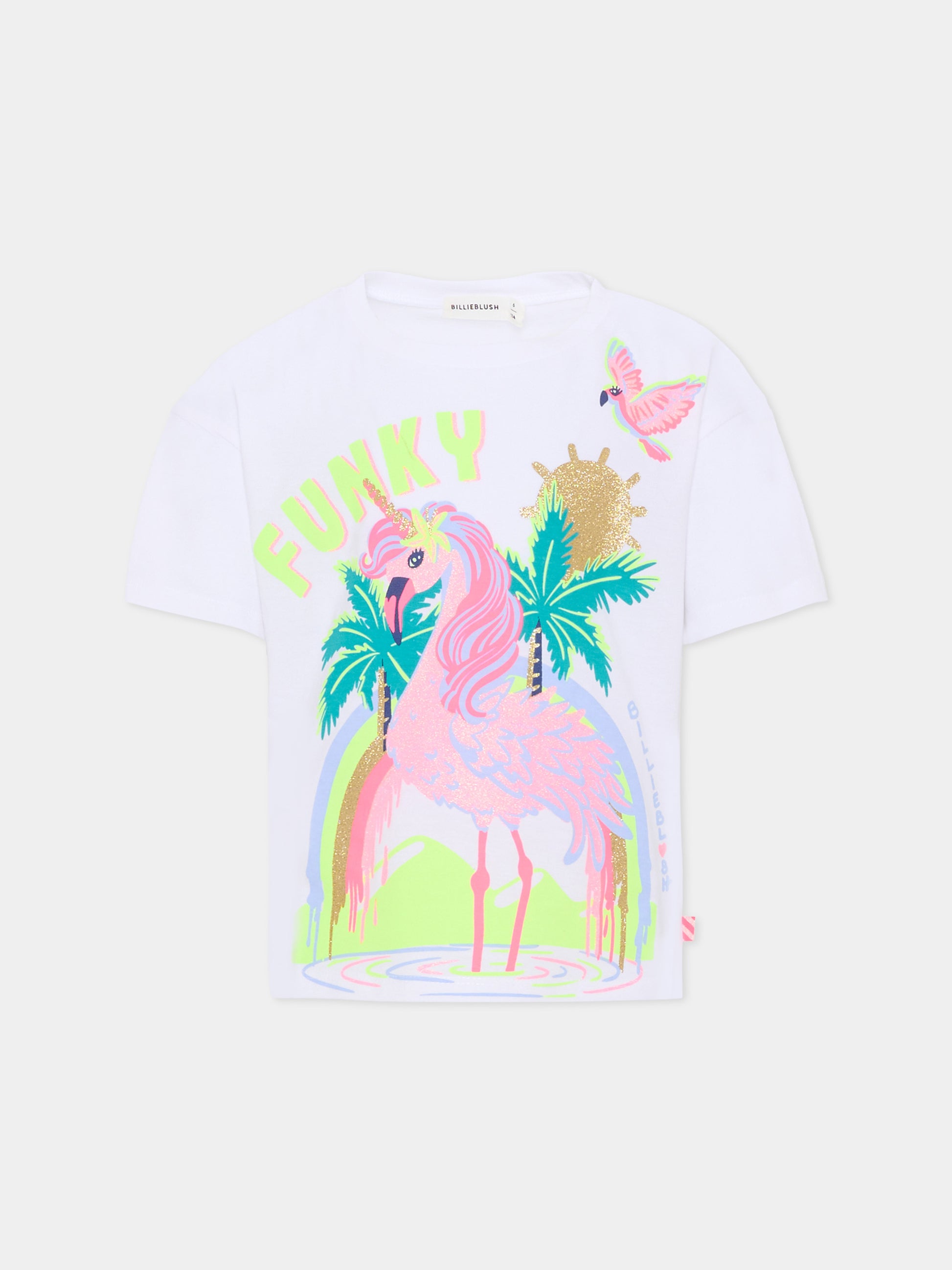 T-shirt bianca per bambina con fenicottero,Billieblush,U21940 10P