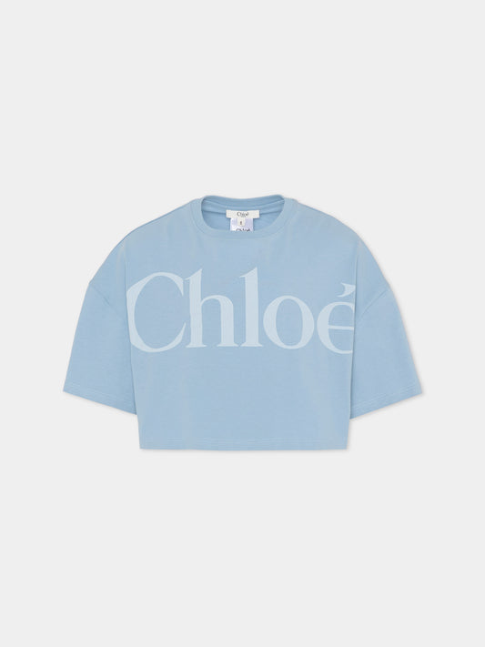 T-shirt crop celeste per bambina con logo,Chloé Kids,C20859 821