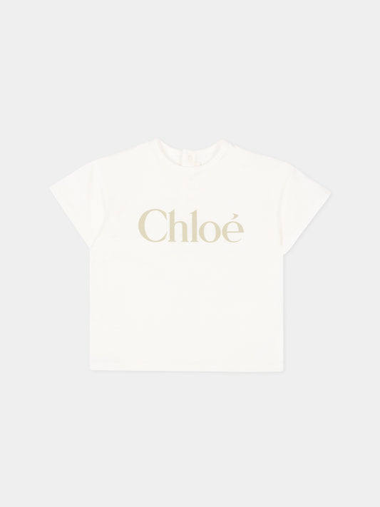 T-Shirt avorio per neonata con logo,Chloé Kids,C20910 117