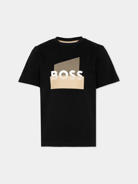 T-Shirt nera per bambino con logo gommato,Boss,J52978 09B