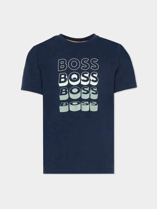 T-shirt blu per bambino con loghi,Boss,J52982 849