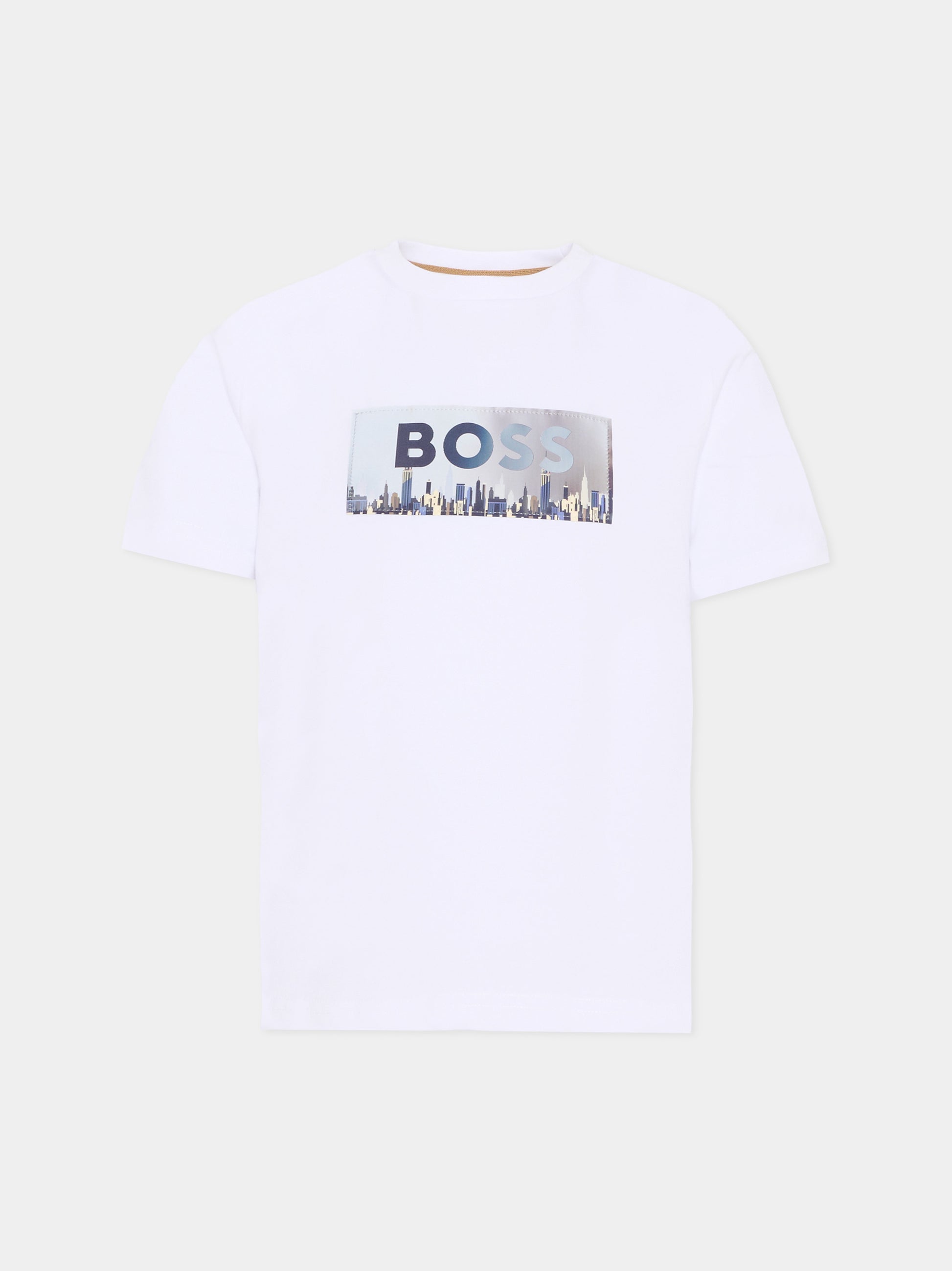 T-shirt bianca per bambino con logo e grattacieli,Boss,J52989 10P