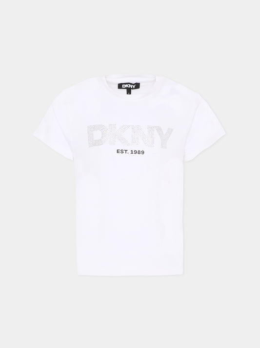 T-Shirt bianca per bambina con logo,Dkny,D62619 10P