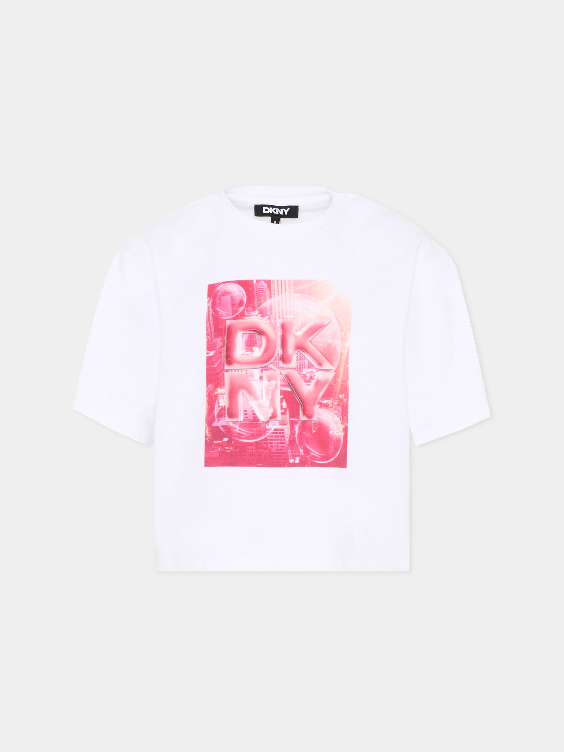 T-Shirt bianca per bambina con logo,Dkny,D62621 N54