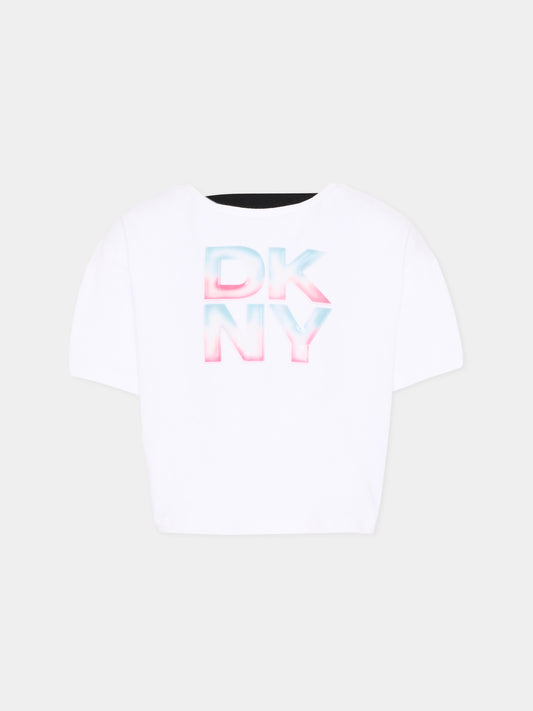 T-Shirt bianca per bambina con logo,Dkny,D62624 10P
