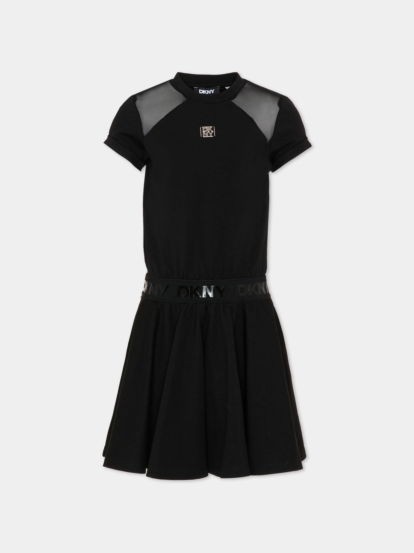 Vestito nero per bambina con logo argento,Dkny,D62627 09B