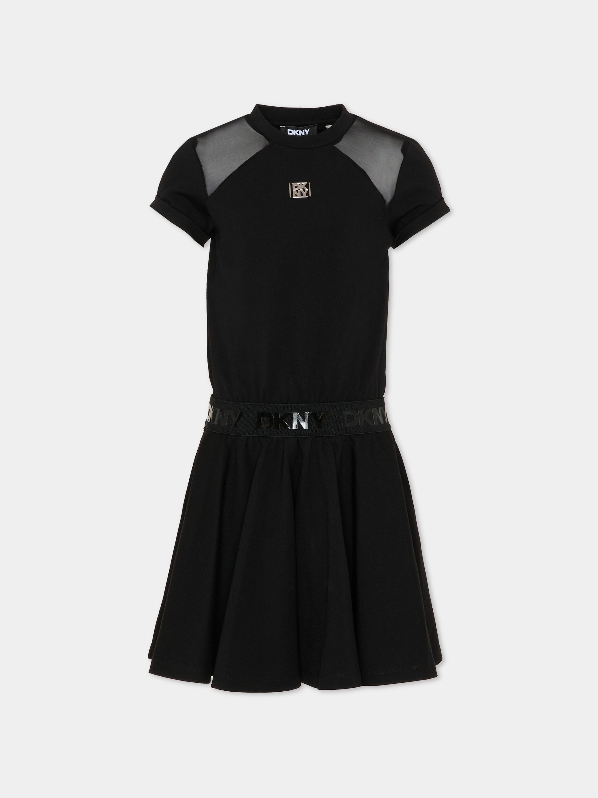Vestito nero per bambina con logo argento,Dkny,D62627 09B